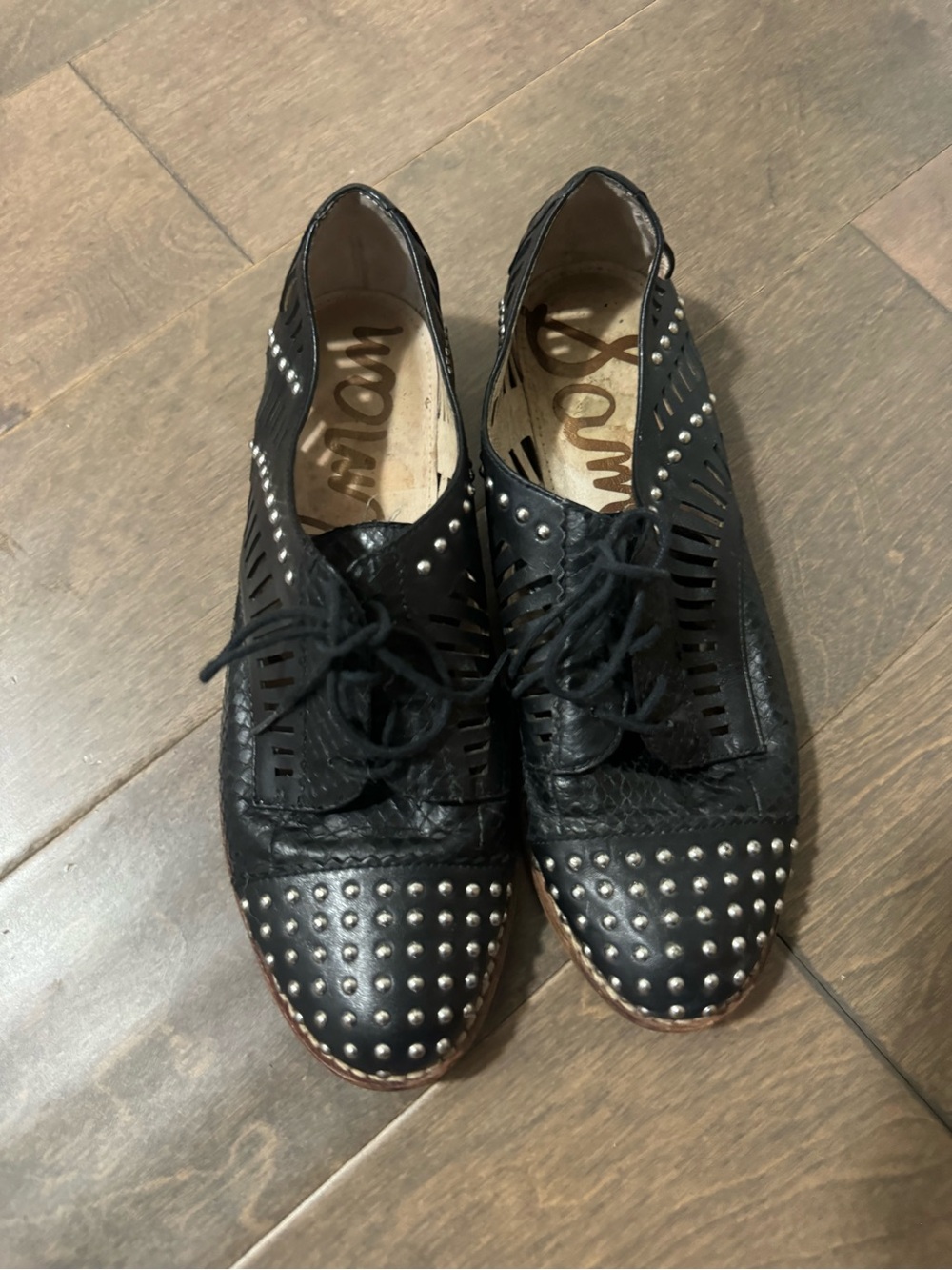 Sam Edelman Black Studded Lace-Up Leather Oxfords - Picture 2 of 7
